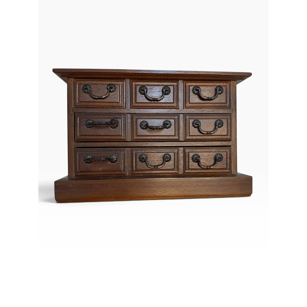Vintage Wooden 5 Drawer Jewelry Chest Spice Cabinet Blue Lined Brown